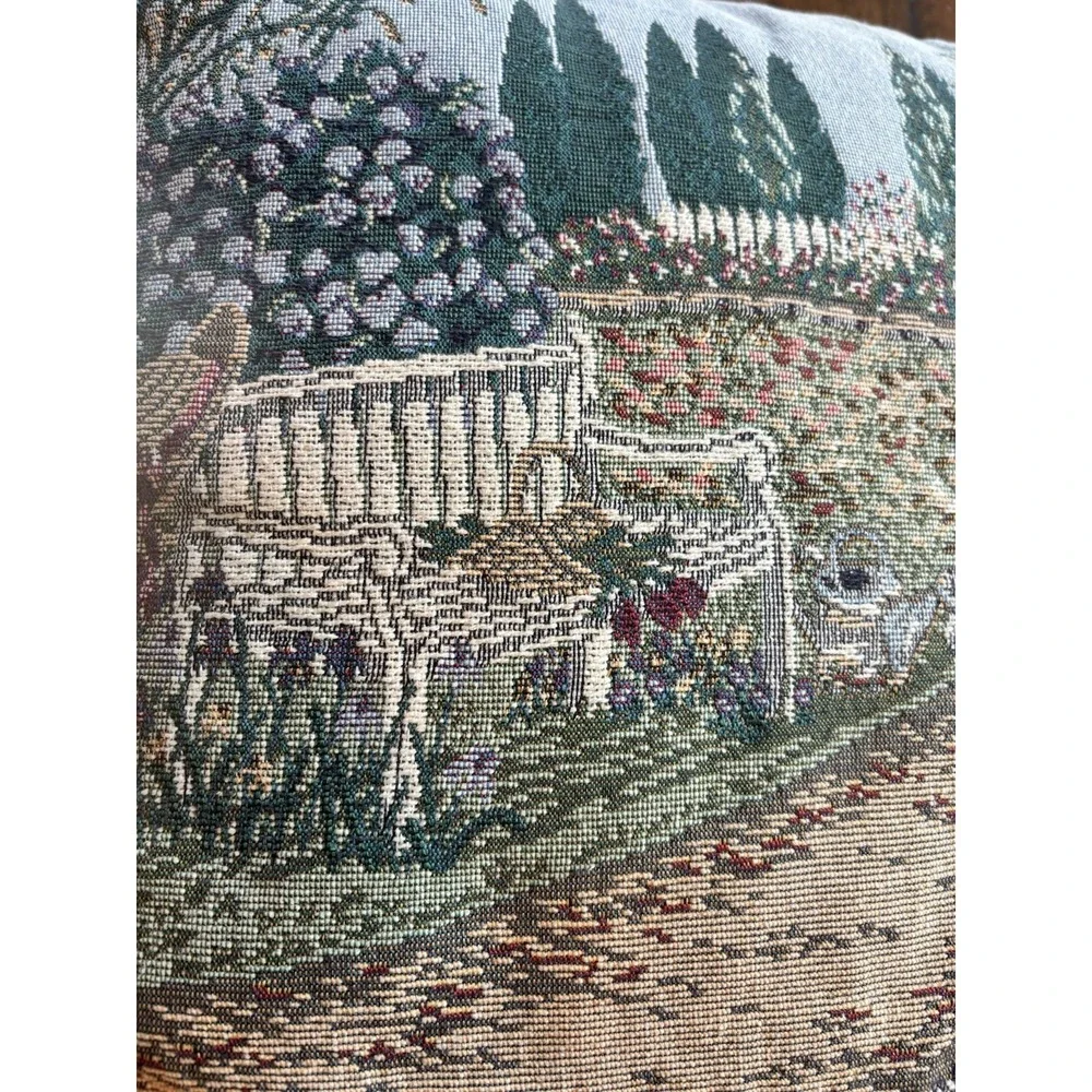 Vintage Lot Of 2 Tapestry Throw Pillow Garden Bench Floral Landscape Cottagecore